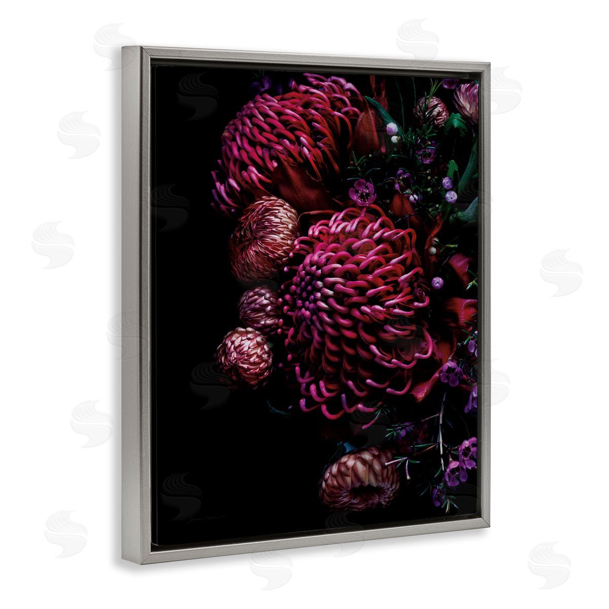 Detailed Tropical Flower Bouquet Grey Floating Frame Canvas Wall Art, Home Decor by Elise Catterall