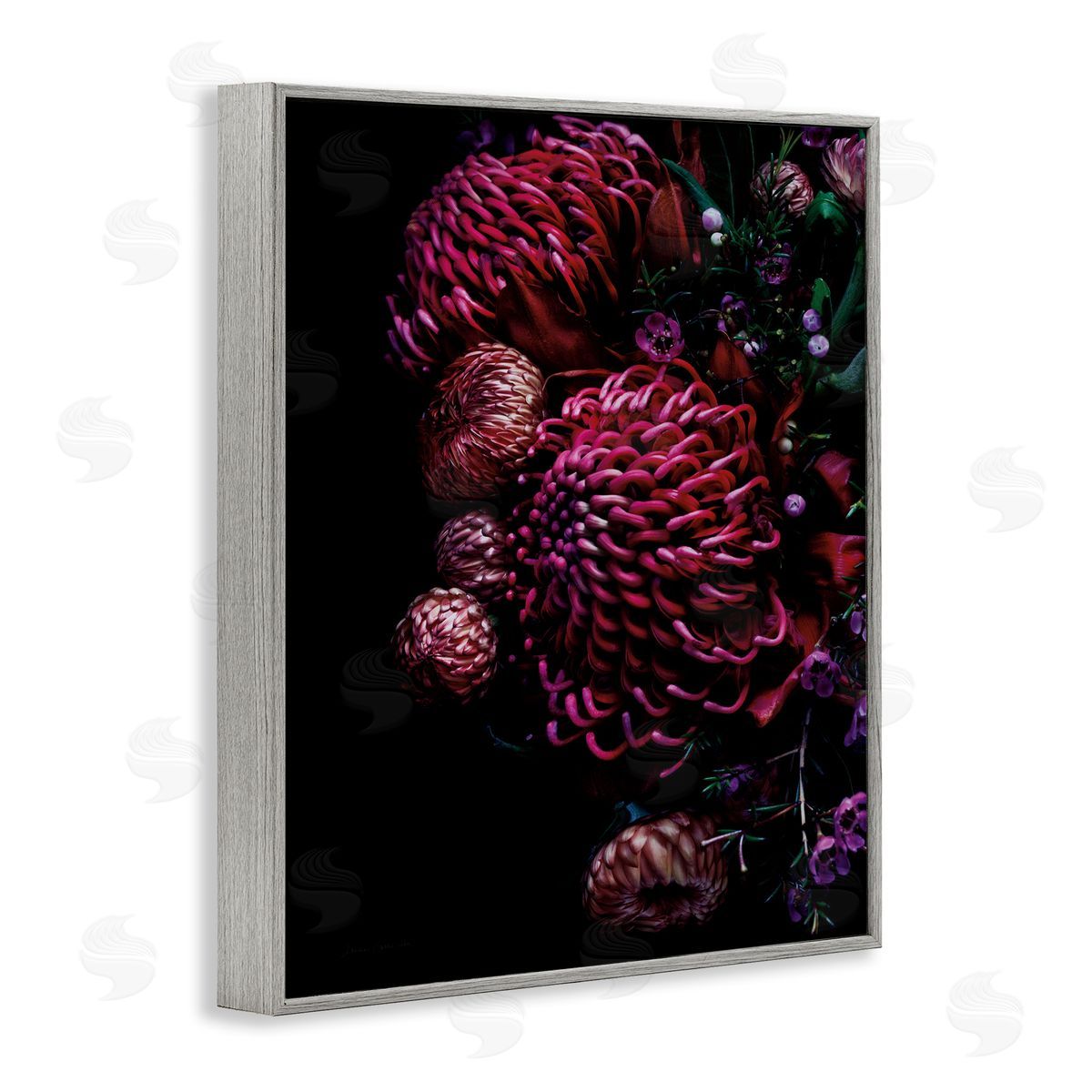 Detailed Tropical Flower Bouquet Grey Frame Print Wall Art, Home Decor by Elise Catterall