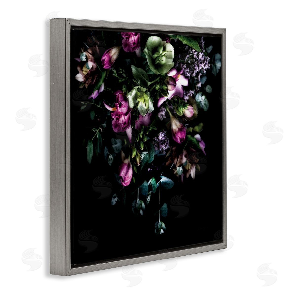 Elegant Purple Floral Arrangement Grey Floating Frame Canvas Wall Art, Home Decor by Elise Catterall
