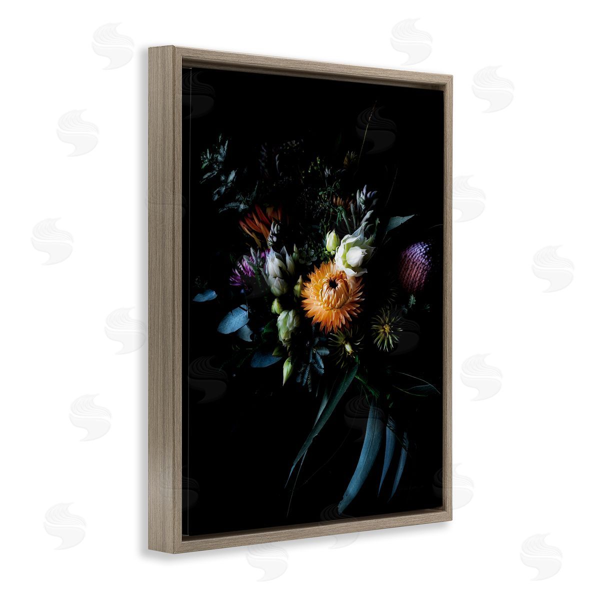 Elegant Multi-Color Flower Bouquet Brown Floating Frame Canvas Wall Art, Home Decor by Elise Catterall