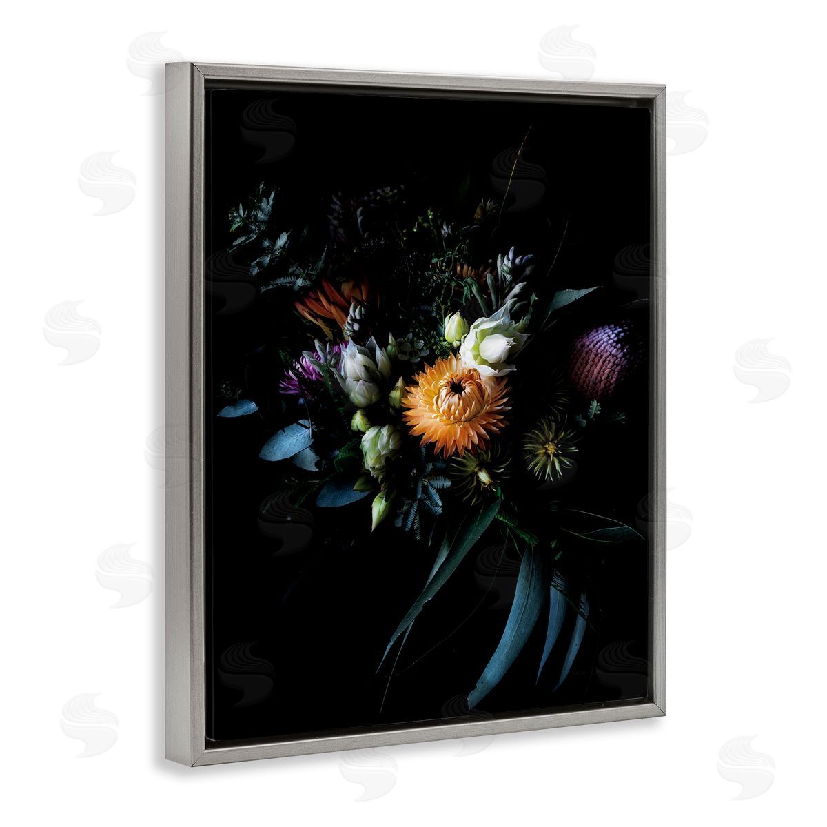 Elegant Multi-Color Flower Bouquet Grey Floating Frame Canvas Wall Art, Home Decor by Elise Catterall