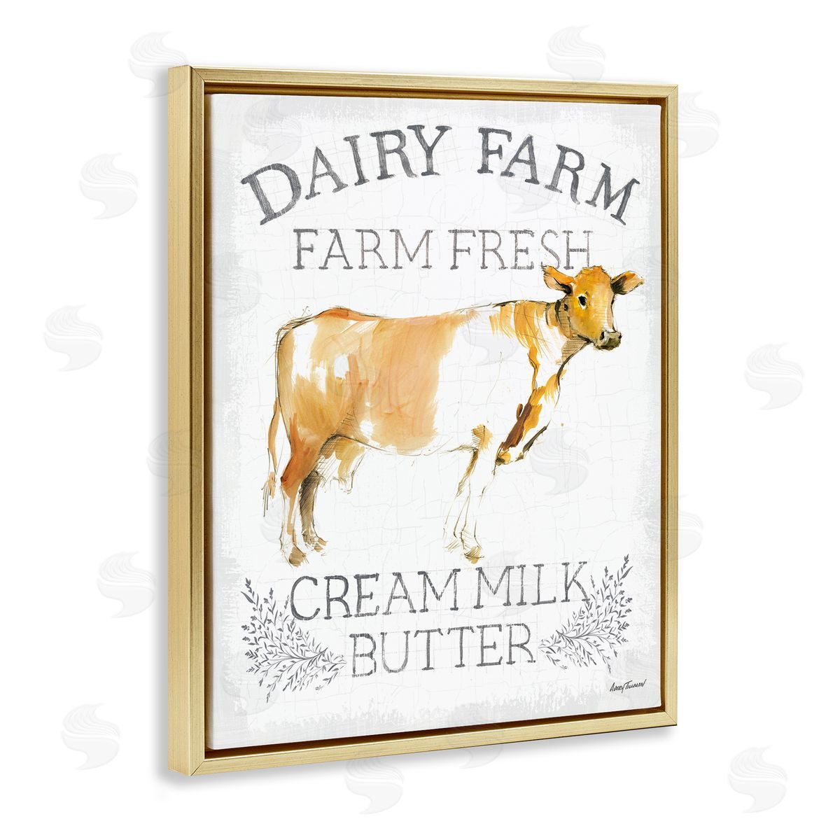 Country Cow Dairy Farm Sign Gold Floating Frame Canvas Wall Art, Home Decor by Avery Tillmon