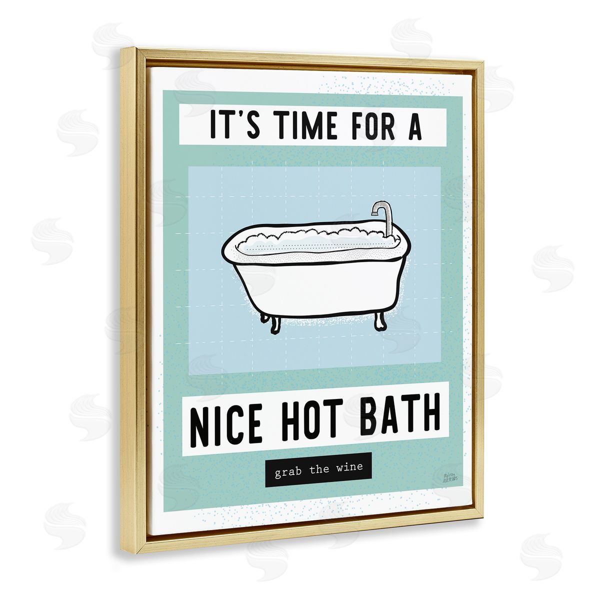 Hot Bath and Wine Phrase Gold Floating Frame Canvas Wall Art, Home Decor by Melissa Averinos