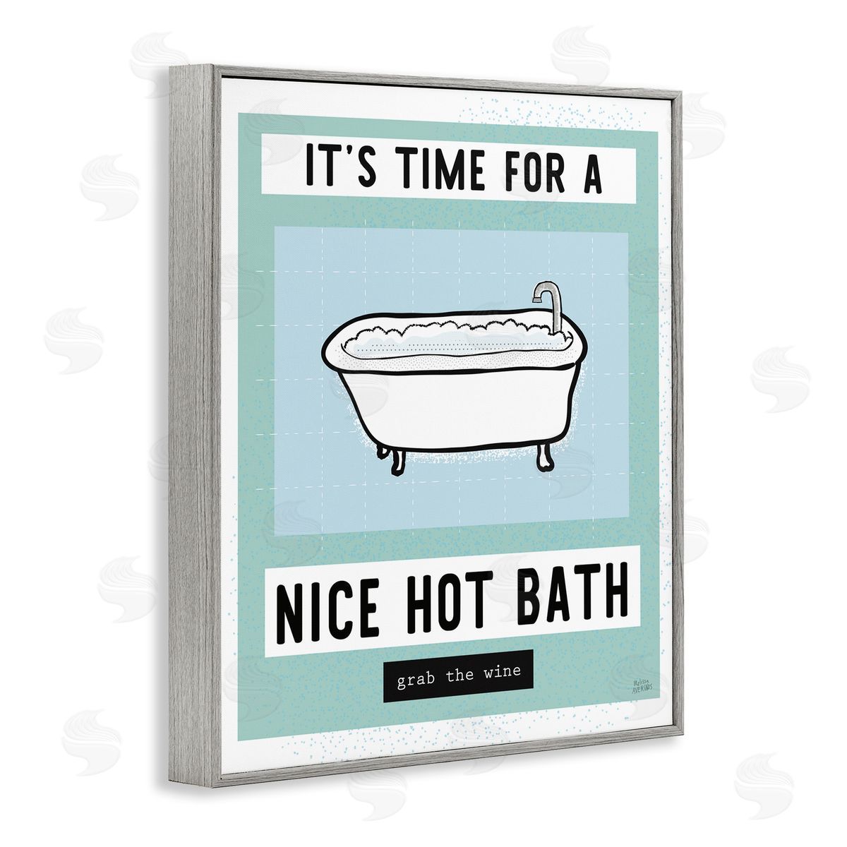 Hot Bath and Wine Phrase Grey Frame Print Wall Art, Home Decor by Melissa Averinos