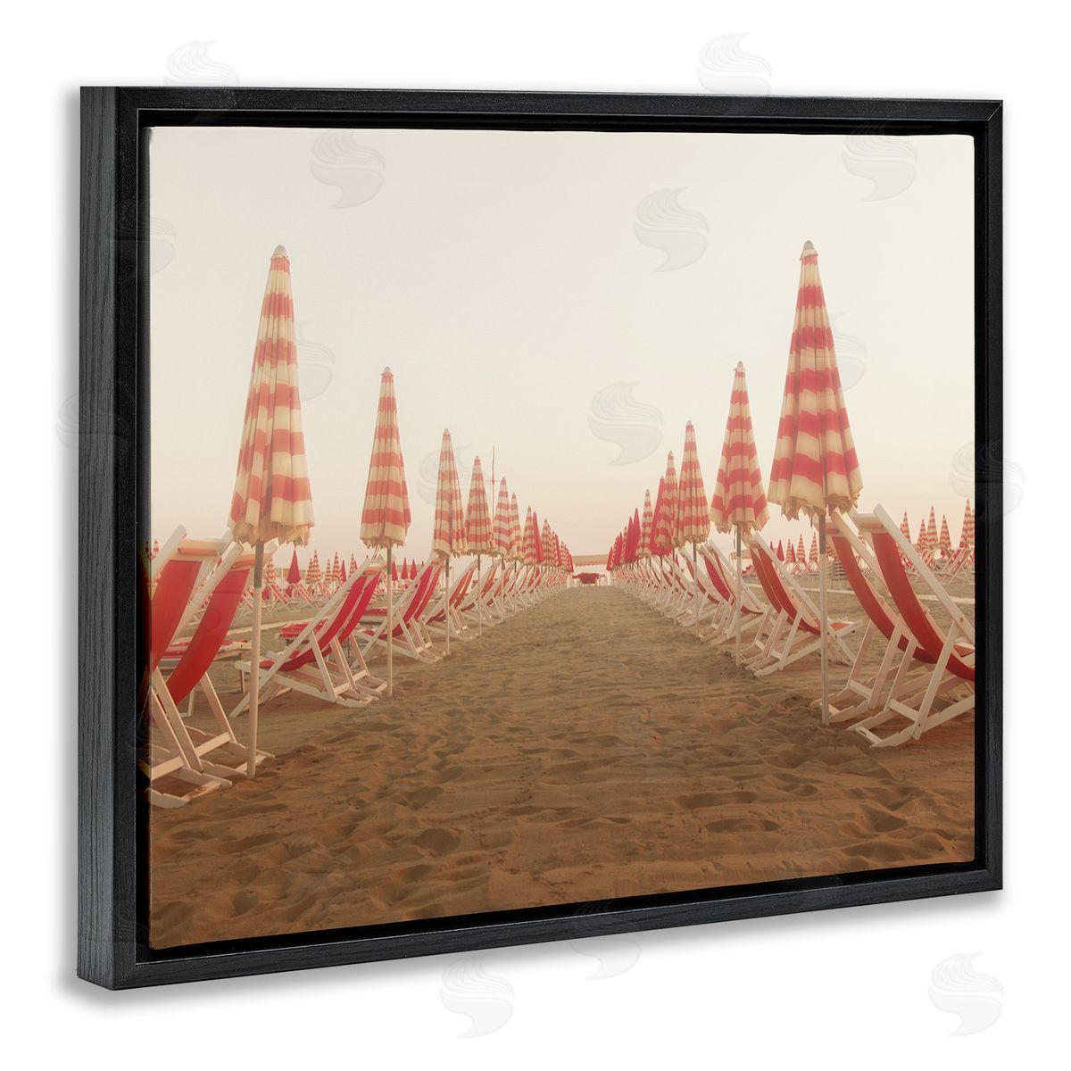 Symmetric Beach Chairs on Sand Black Floating Frame Canvas Wall Art, Home Decor by Aledanda
