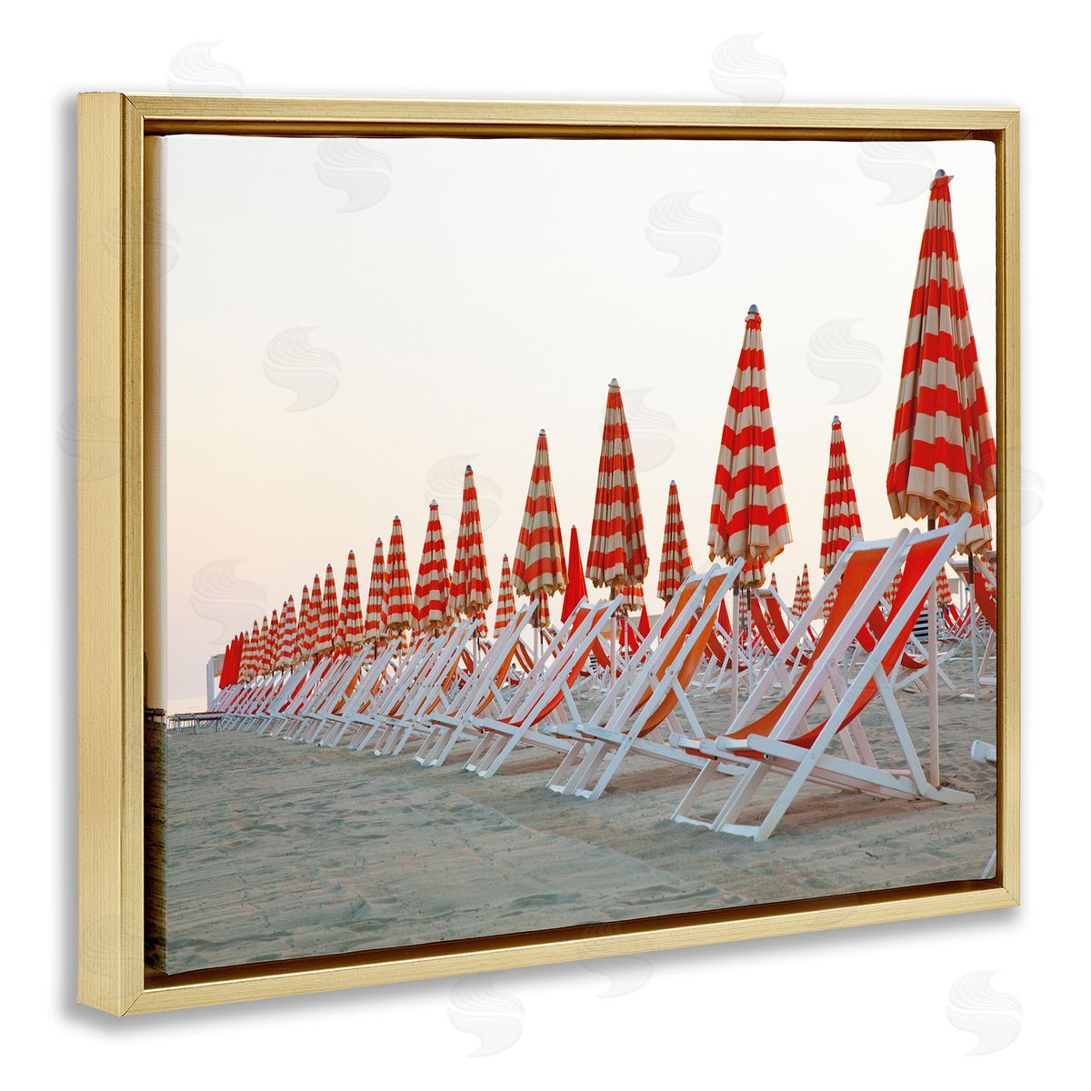 Beach Chairs and Umbrellas Gold Floating Frame Canvas Wall Art, Home Decor by Aledanda