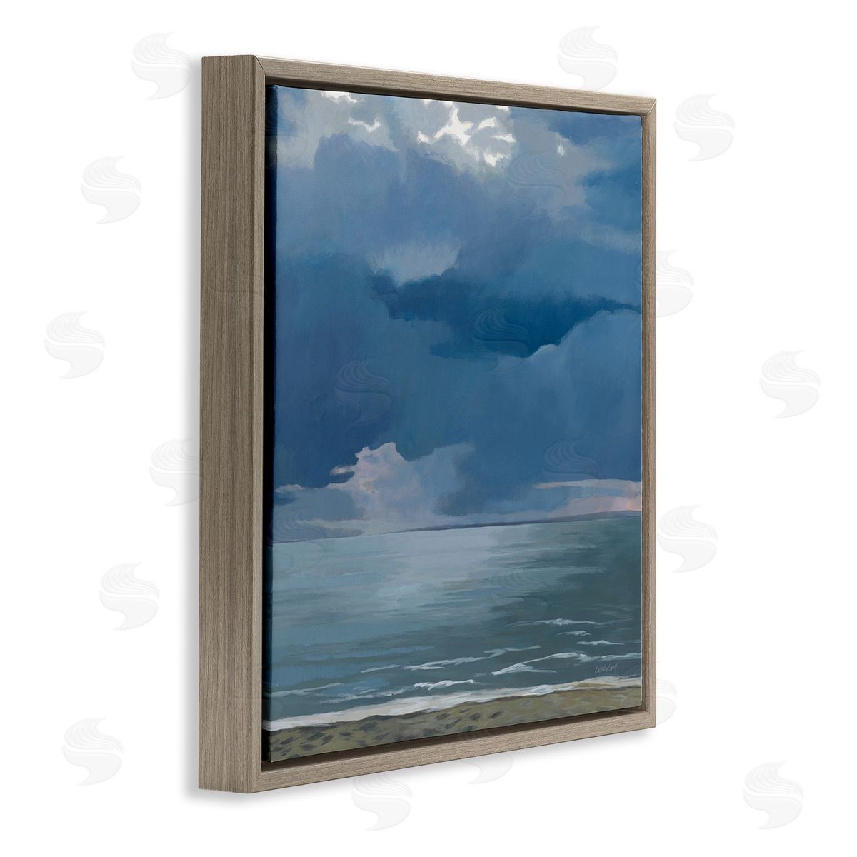 Gloomy Cloud Beachscape Painting Brown Floating Frame Canvas Wall Art, Home Decor by Kathrine Lovell