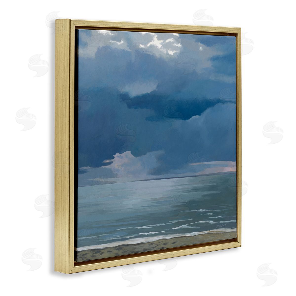 Gloomy Cloud Beachscape Painting Gold Floating Frame Canvas Wall Art, Home Decor by Kathrine Lovell