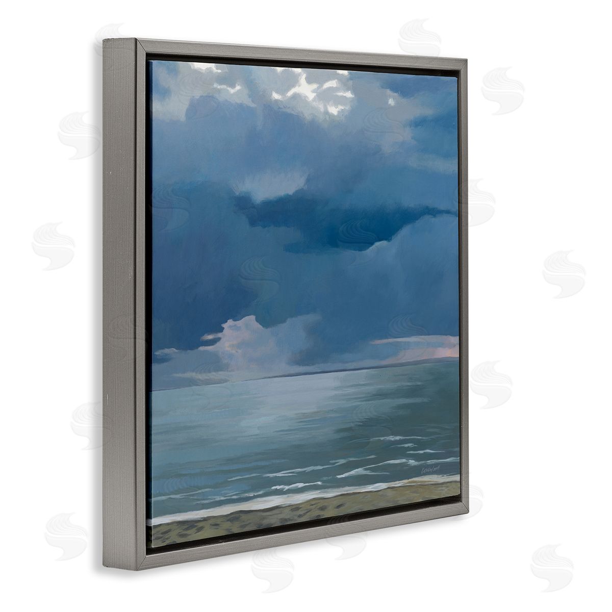 Gloomy Cloud Beachscape Painting Grey Floating Frame Canvas Wall Art, Home Decor by Kathrine Lovell