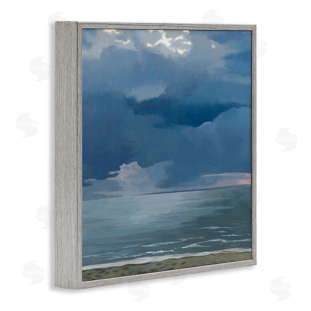 Gloomy Cloud Beachscape Painting Grey Frame Print Wall Art, Home Decor by Kathrine Lovell