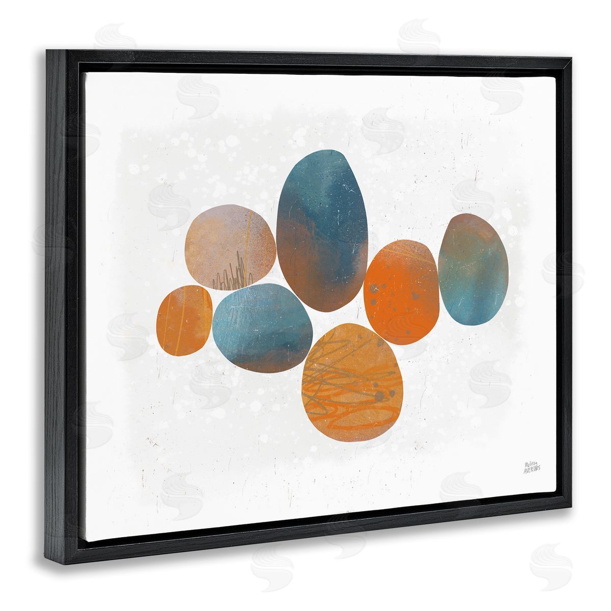 Abstract Blue Orange Stones Black Floating Frame Canvas Wall Art, Home Decor by Melissa Averinos