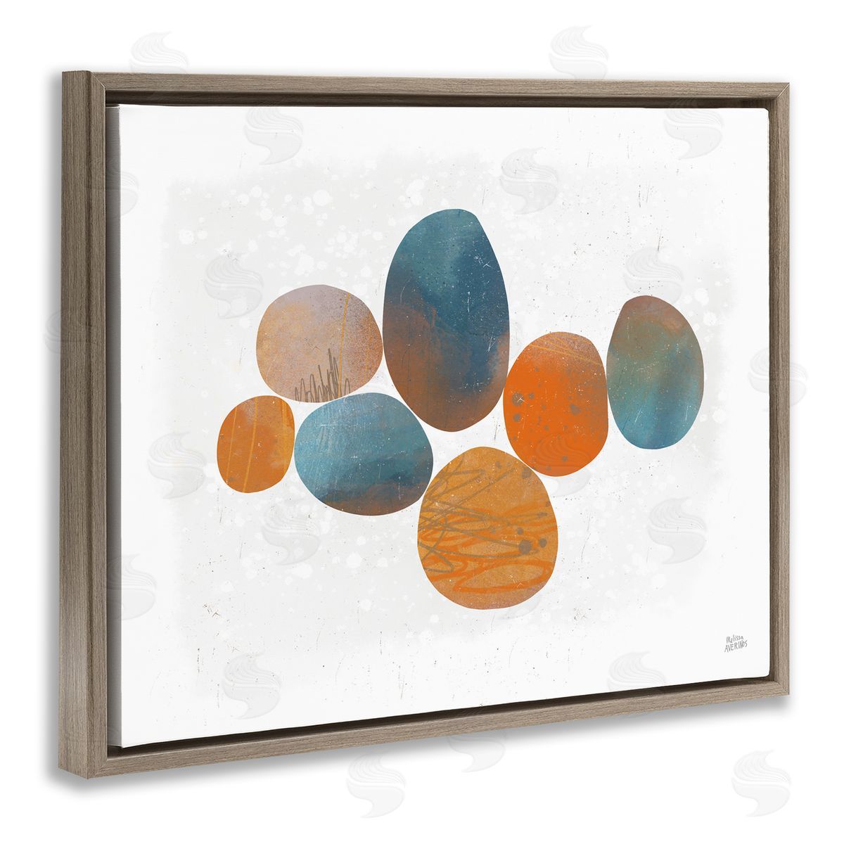 Abstract Blue Orange Stones Brown Floating Frame Canvas Wall Art, Home Decor by Melissa Averinos