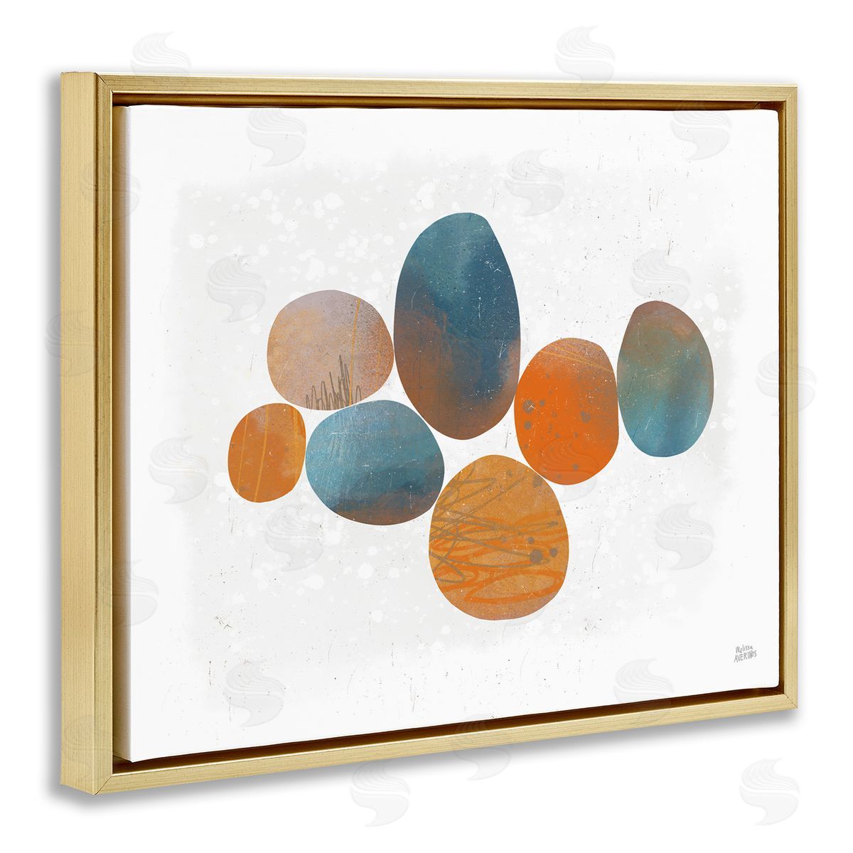 Abstract Blue Orange Stones Gold Floating Frame Canvas Wall Art, Home Decor by Melissa Averinos