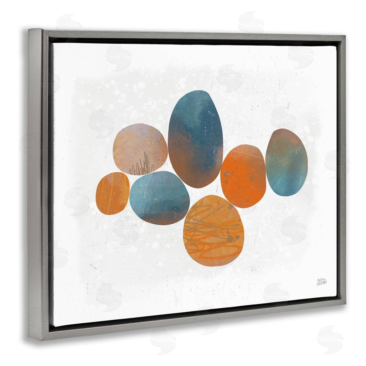 Abstract Blue Orange Stones Grey Floating Frame Canvas Wall Art, Home Decor by Melissa Averinos