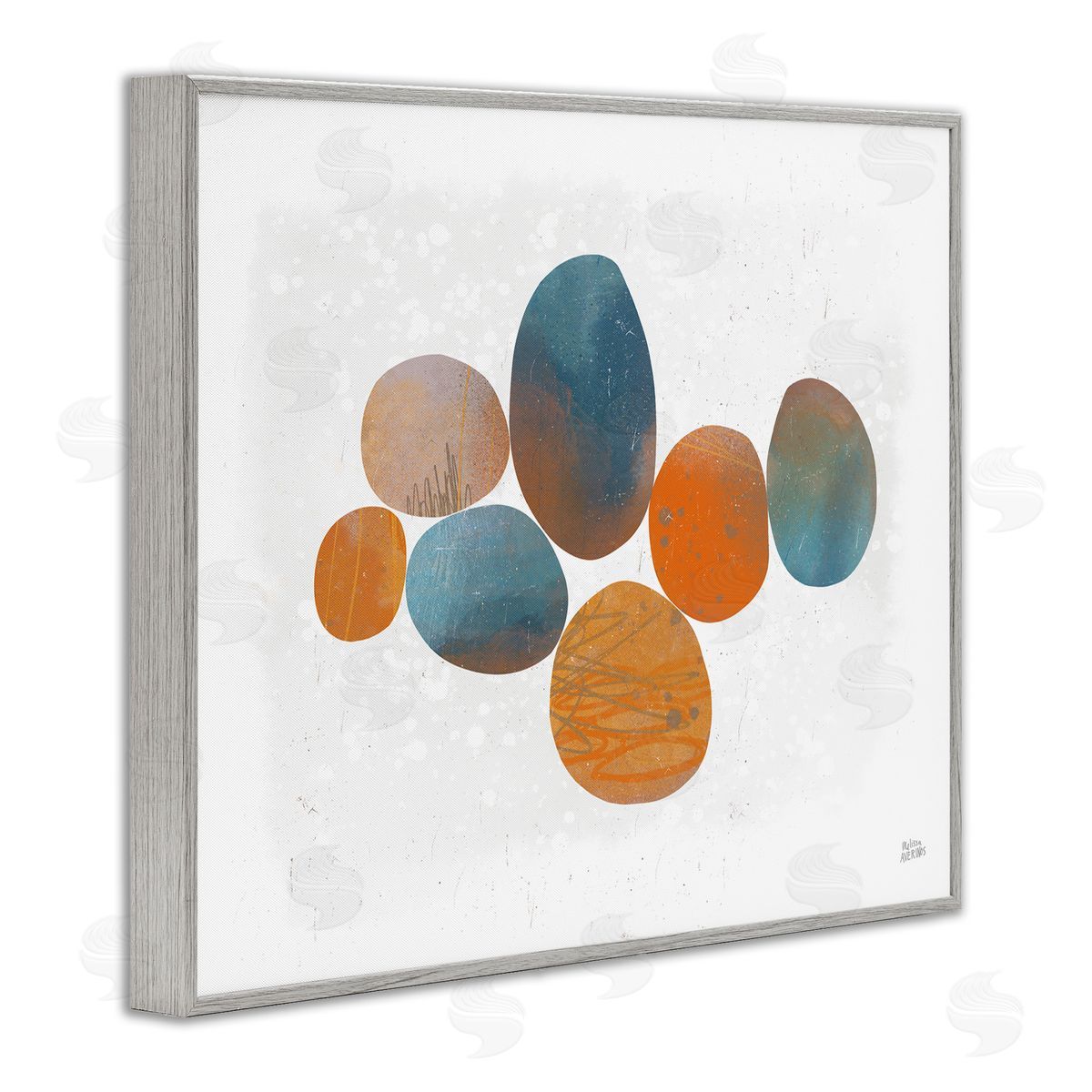 Abstract Blue Orange Stones Grey Frame Print Wall Art, Home Decor by Melissa Averinos