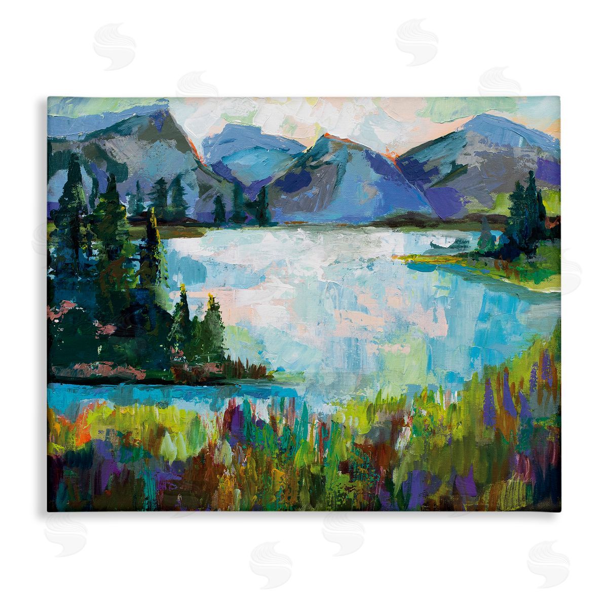Mountains and Lake Pine Painting Canvas Wall Art, Home Decor by Jeanette Vertentes