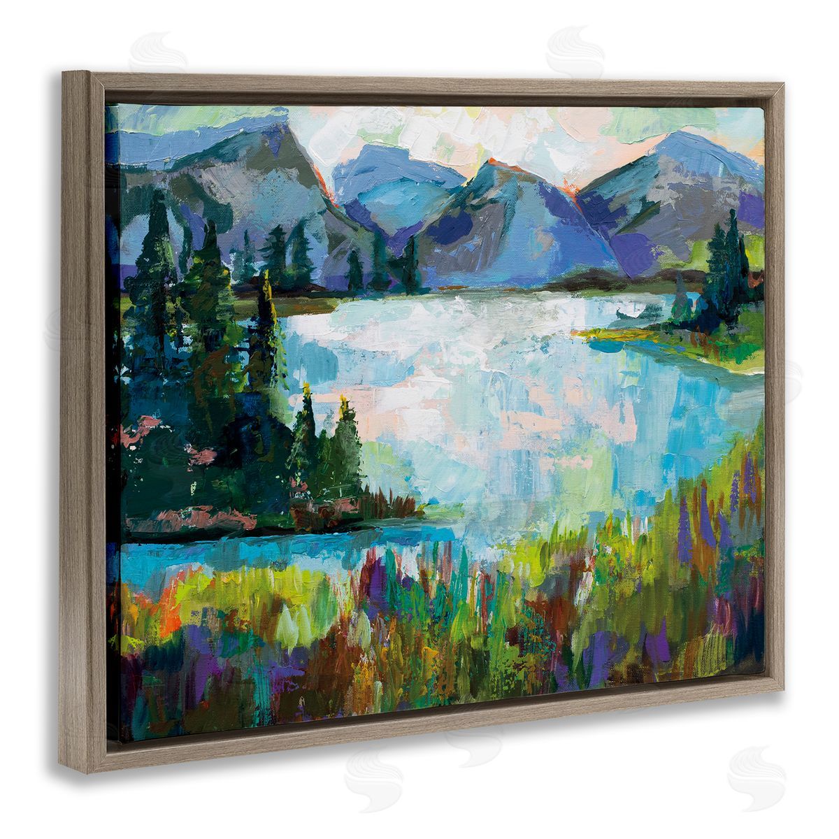Mountains and Lake Pine Painting Brown Floating Frame Canvas Wall Art, Home Decor by Jeanette Vertentes