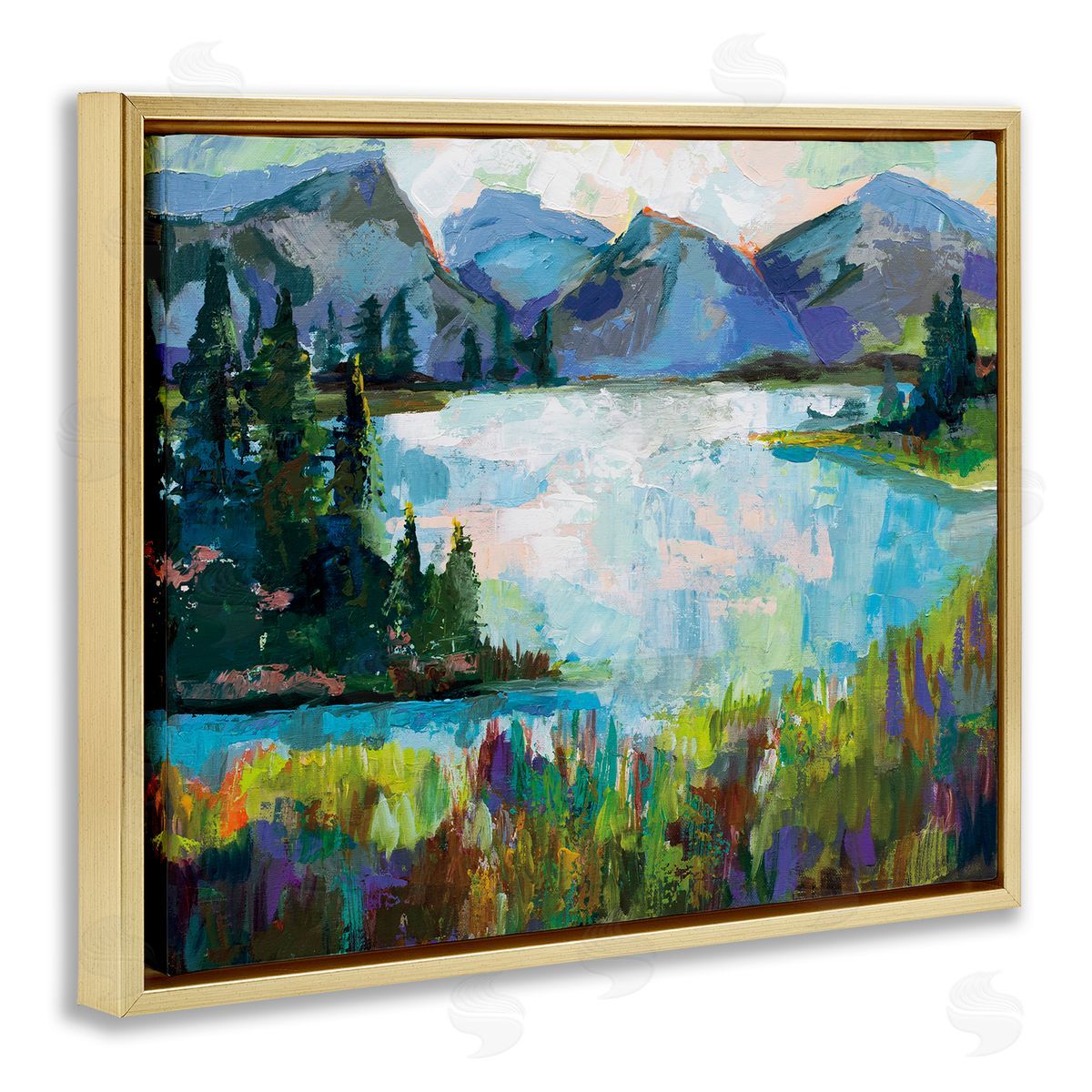 Mountains and Lake Pine Painting Gold Floating Frame Canvas Wall Art, Home Decor by Jeanette Vertentes