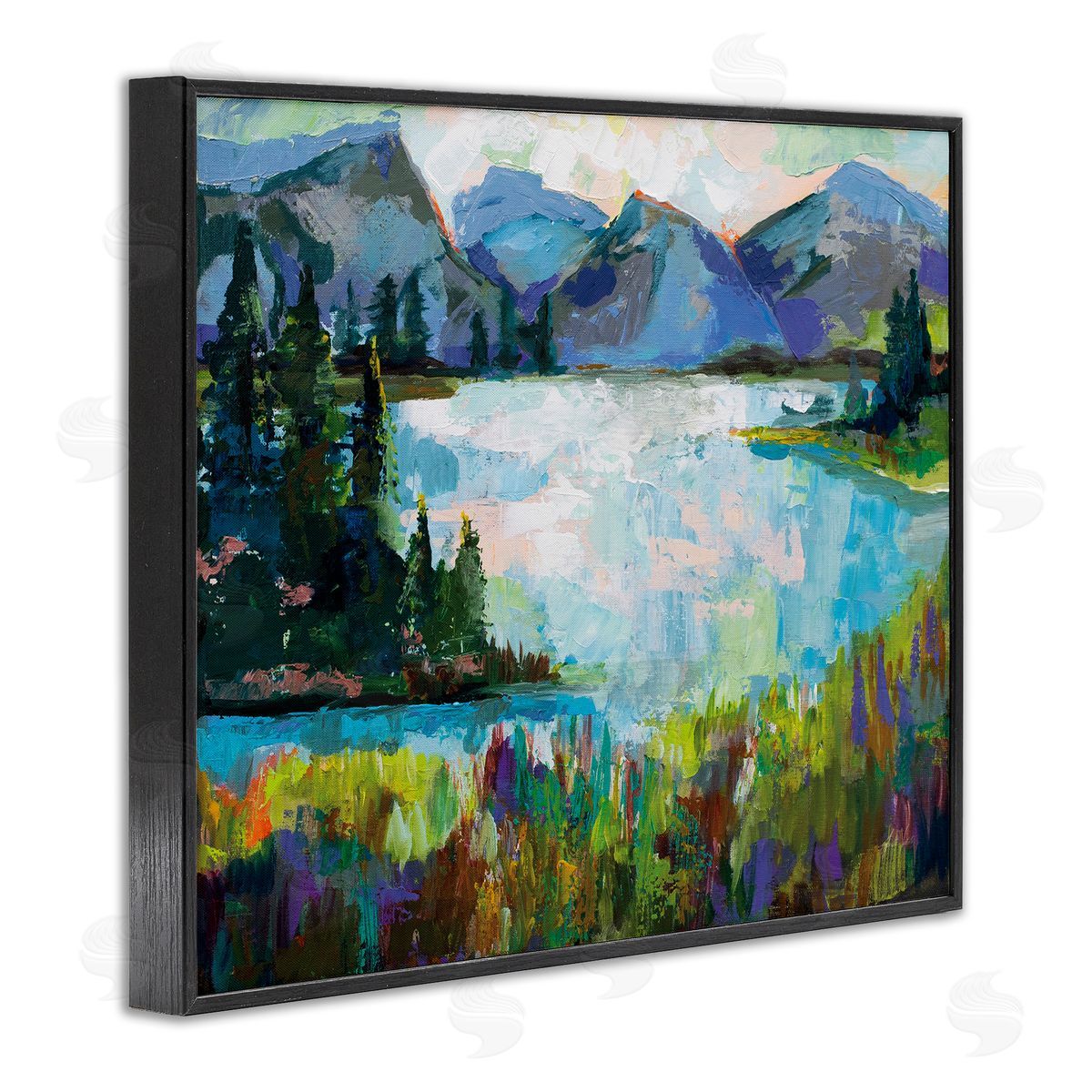 Mountains and Lake Pine Painting Black Frame Print Wall Art, Home Decor by Jeanette Vertentes