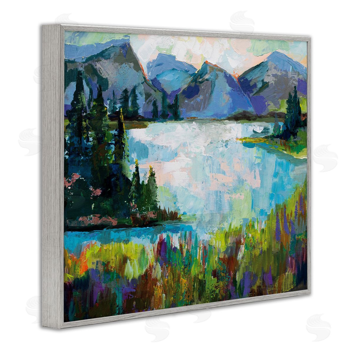 Mountains and Lake Pine Painting Grey Frame Print Wall Art, Home Decor by Jeanette Vertentes