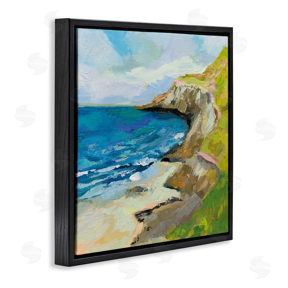 Beach Cove and Cliff Painting Black Floating Frame Canvas Wall Art, Home Decor by Jeanette Vertentes