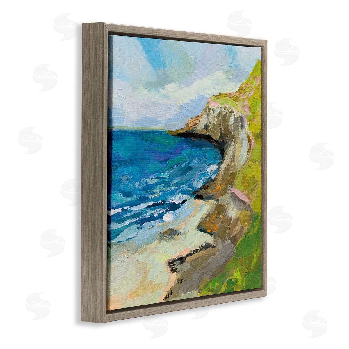 Beach Cove and Cliff Painting Brown Floating Frame Canvas Wall Art, Home Decor by Jeanette Vertentes