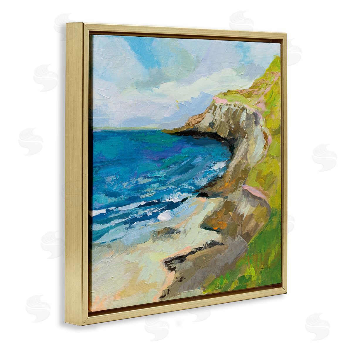 Beach Cove and Cliff Painting Gold Floating Frame Canvas Wall Art, Home Decor by Jeanette Vertentes