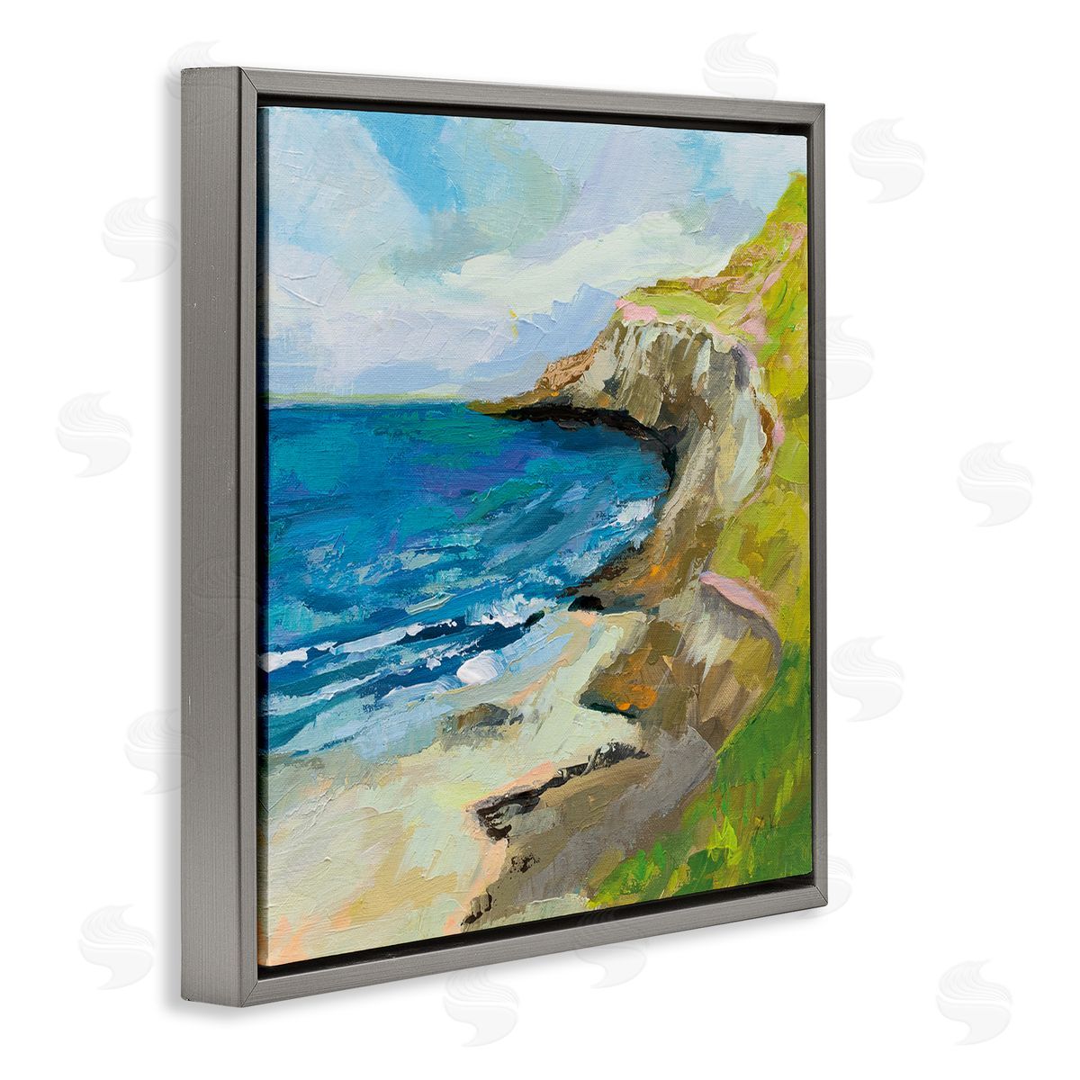 Beach Cove and Cliff Painting Grey Floating Frame Canvas Wall Art, Home Decor by Jeanette Vertentes