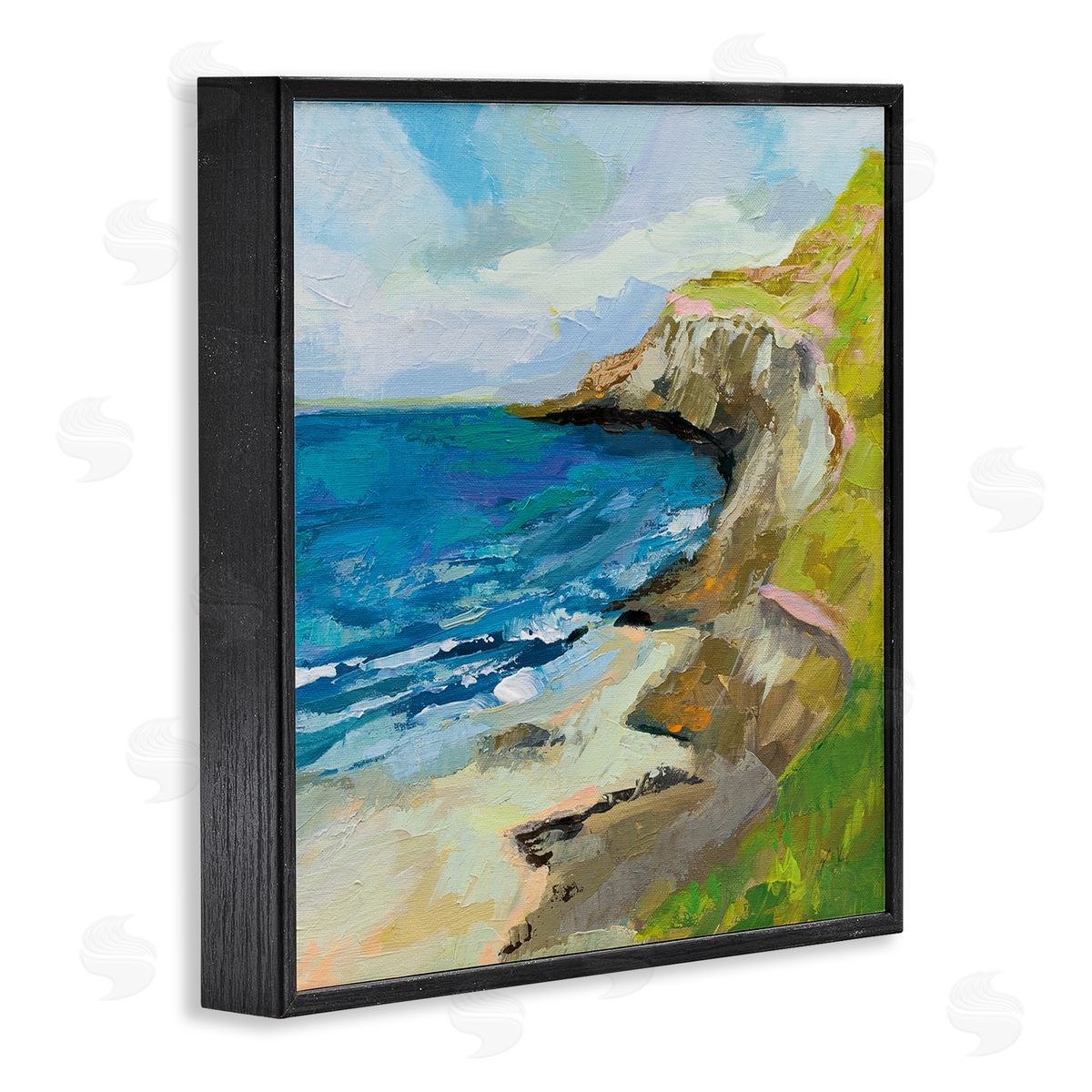 Beach Cove and Cliff Painting Black Frame Print Wall Art, Home Decor by Jeanette Vertentes