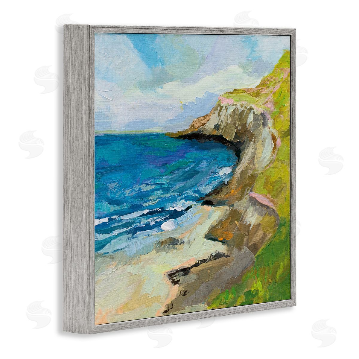 Beach Cove and Cliff Painting Grey Frame Print Wall Art, Home Decor by Jeanette Vertentes