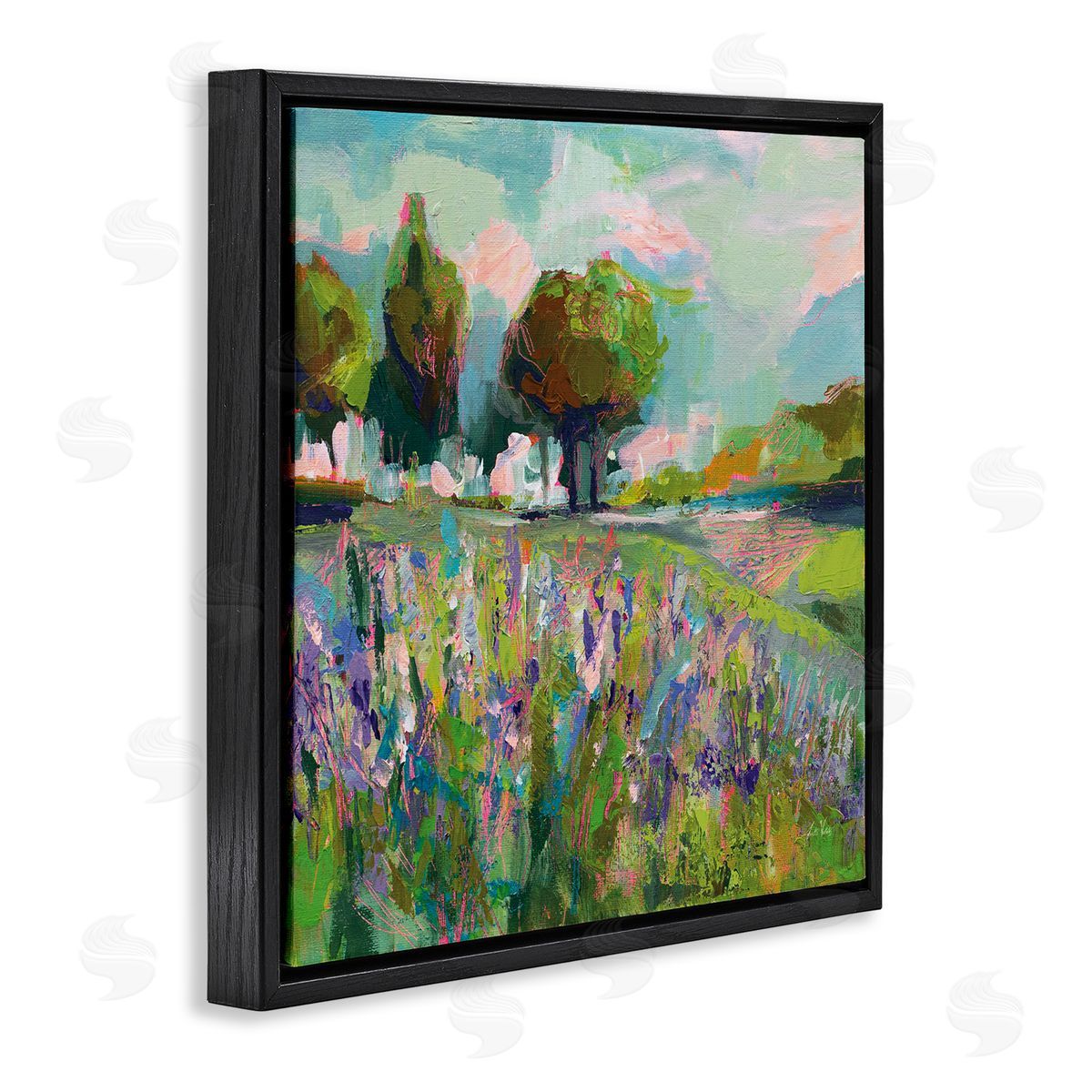Spring Floral Meadow Landscape Black Floating Frame Canvas Wall Art, Home Decor by Jeanette Vertentes