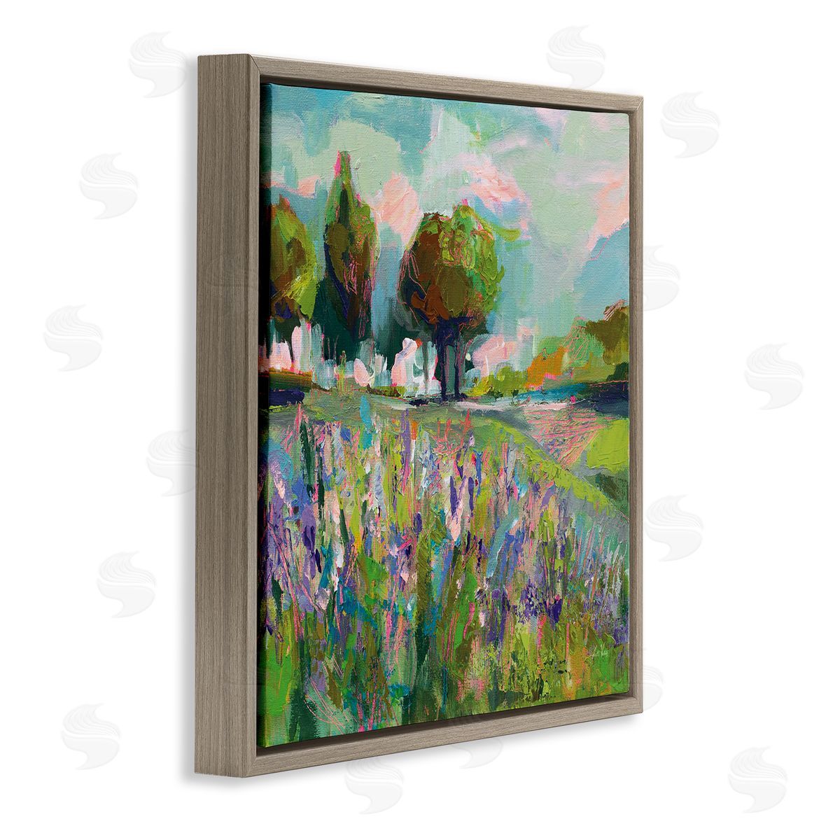 Spring Floral Meadow Landscape Brown Floating Frame Canvas Wall Art, Home Decor by Jeanette Vertentes