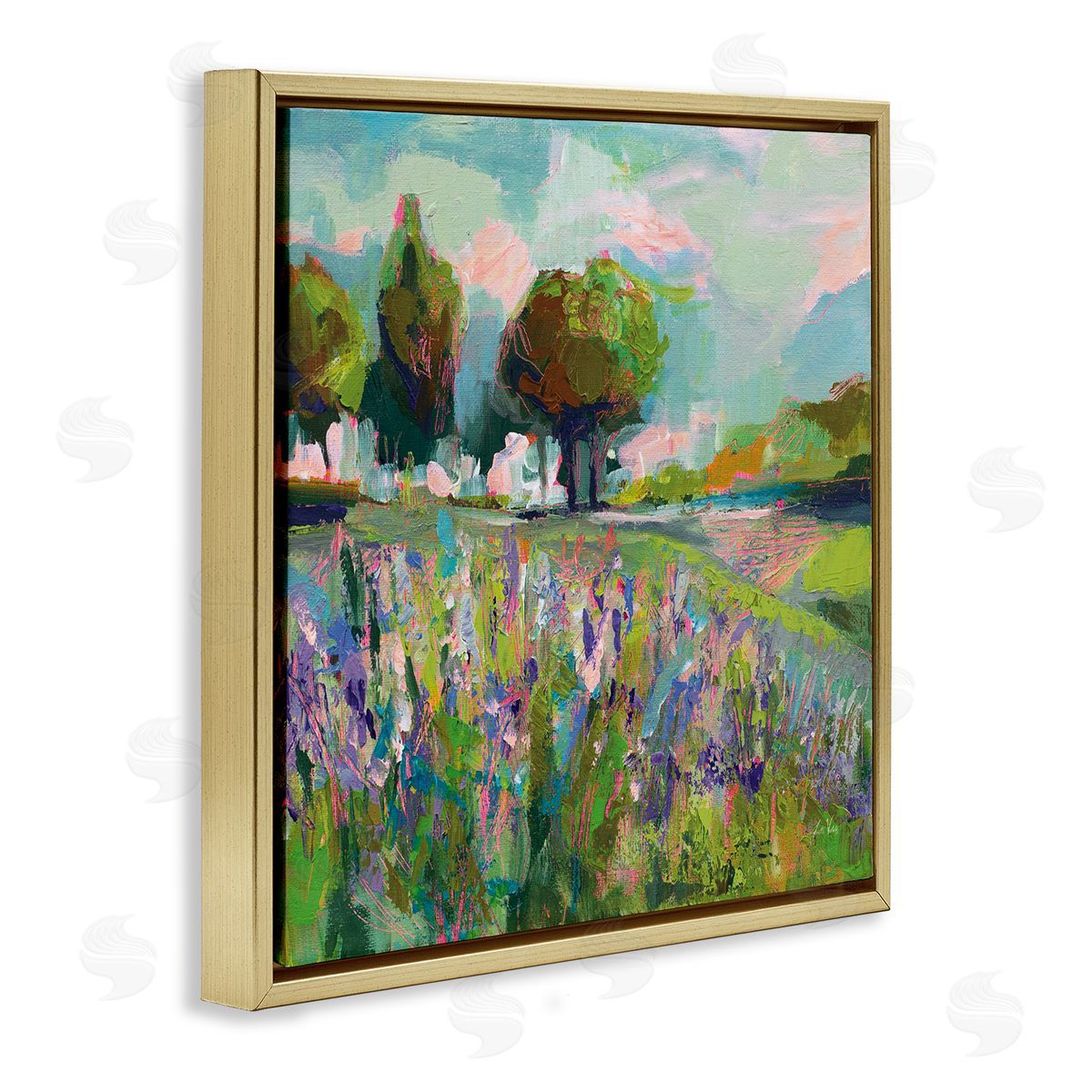 Spring Floral Meadow Landscape Gold Floating Frame Canvas Wall Art, Home Decor by Jeanette Vertentes
