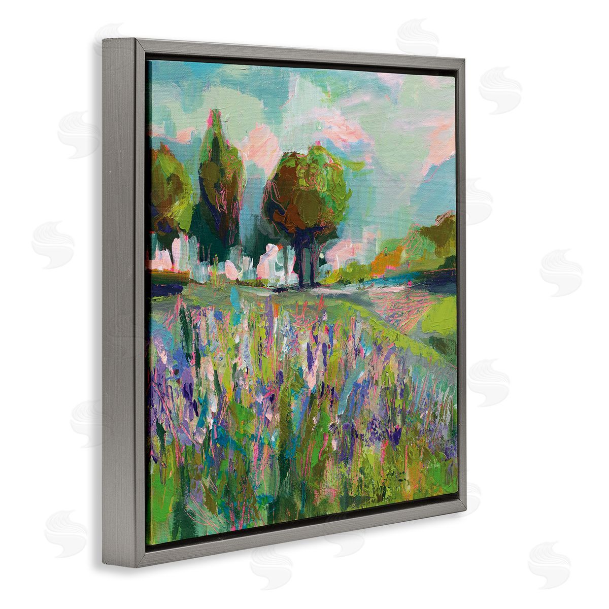 Spring Floral Meadow Landscape Grey Floating Frame Canvas Wall Art, Home Decor by Jeanette Vertentes