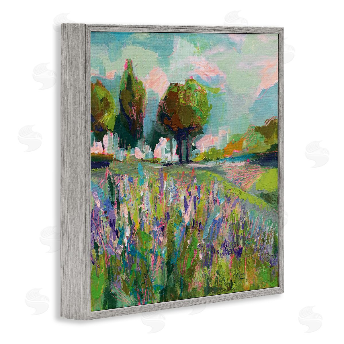 Spring Floral Meadow Landscape Grey Frame Print Wall Art, Home Decor by Jeanette Vertentes