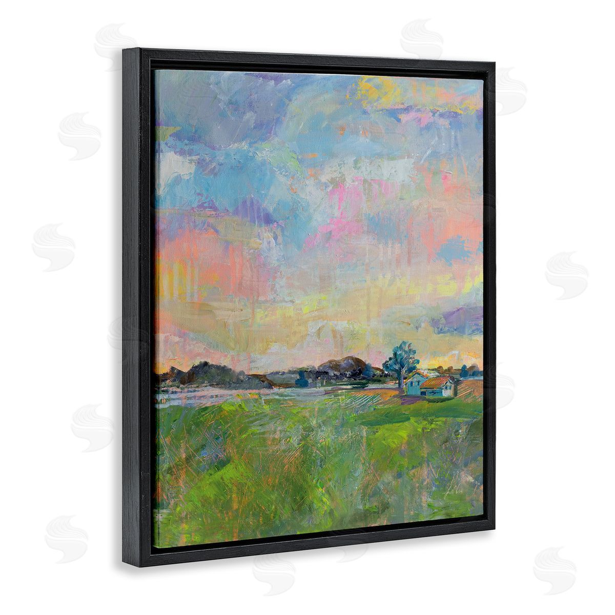 Meadow Sky with Field House Black Floating Frame Canvas Wall Art, Home Decor by Jeanette Vertentes