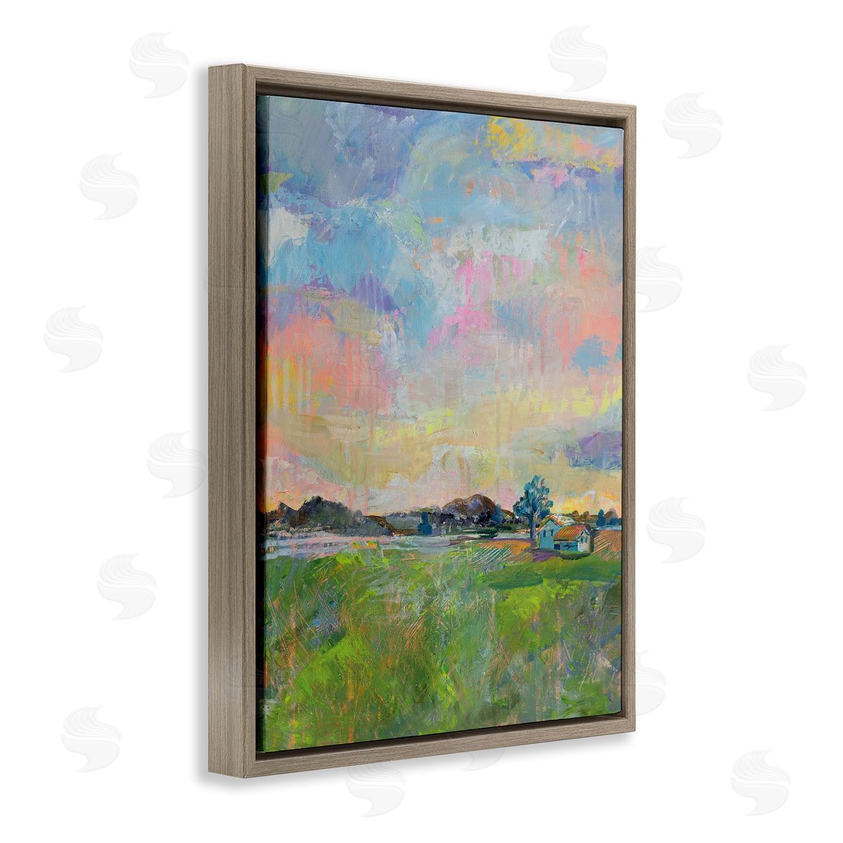 Meadow Sky with Field House Brown Floating Frame Canvas Wall Art, Home Decor by Jeanette Vertentes