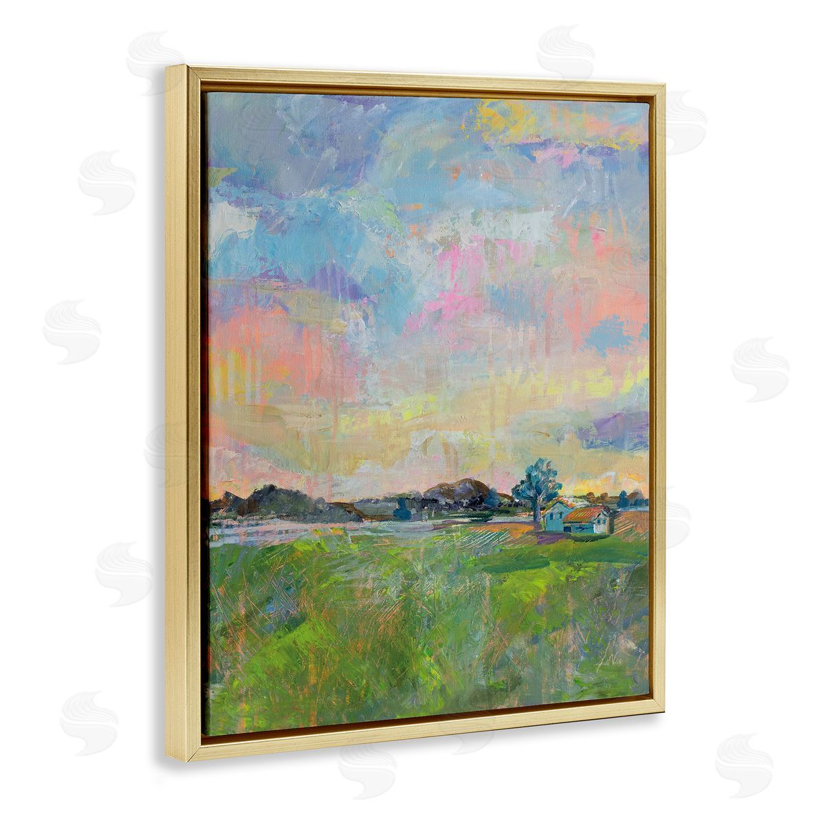 Meadow Sky with Field House Gold Floating Frame Canvas Wall Art, Home Decor by Jeanette Vertentes