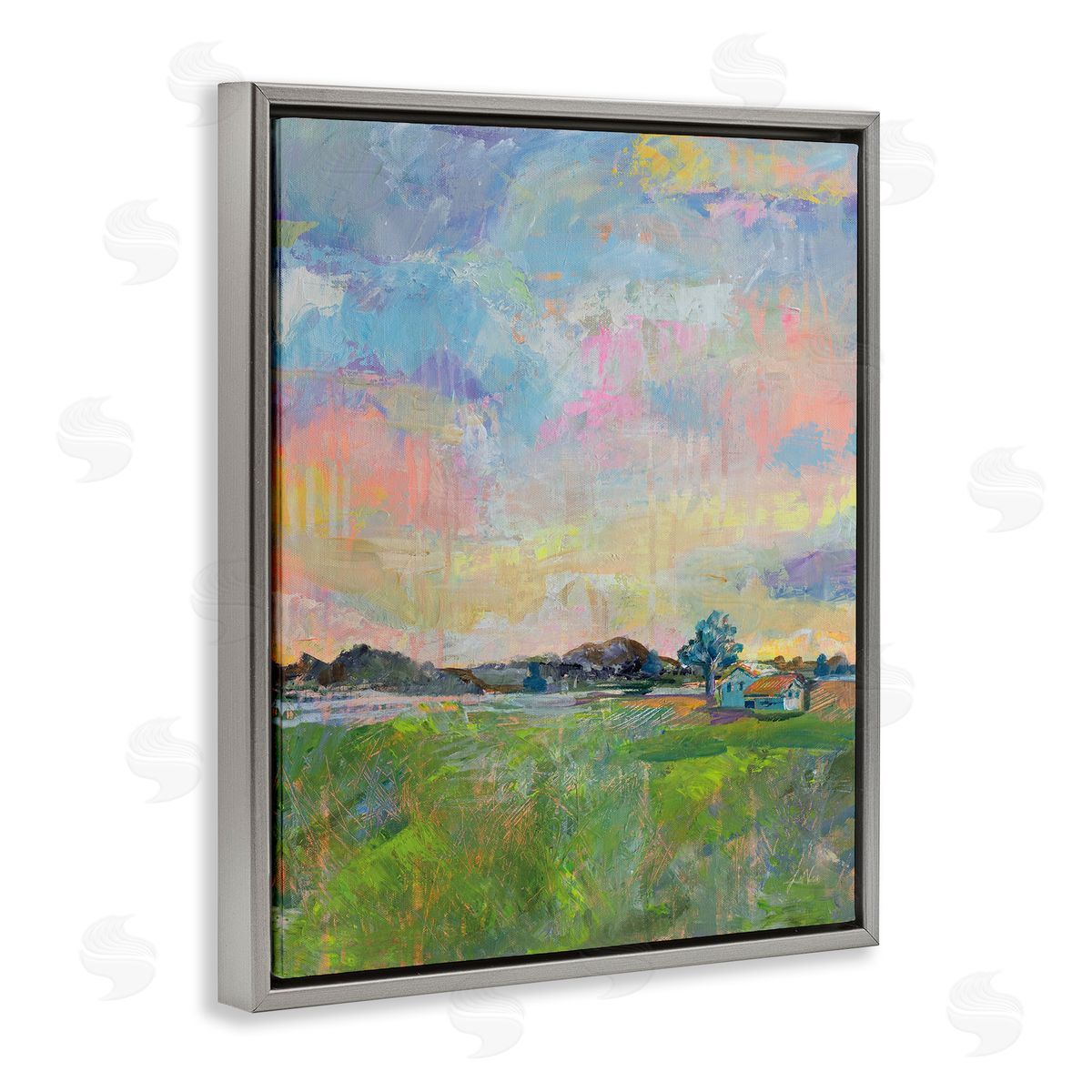 Meadow Sky with Field House Grey Floating Frame Canvas Wall Art, Home Decor by Jeanette Vertentes