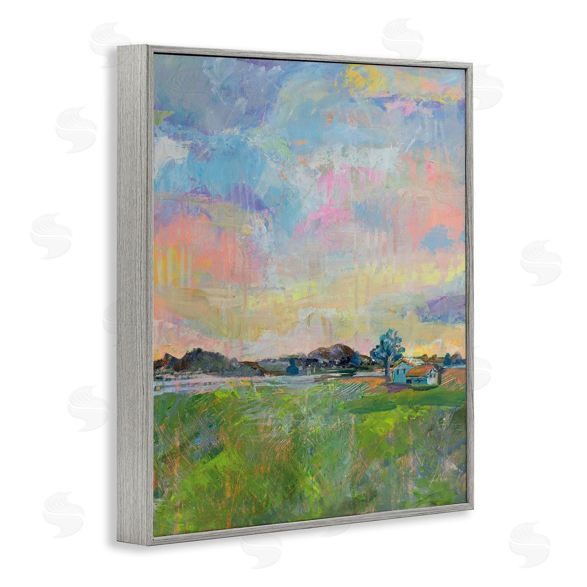 Meadow Sky with Field House Grey Frame Print Wall Art, Home Decor by Jeanette Vertentes
