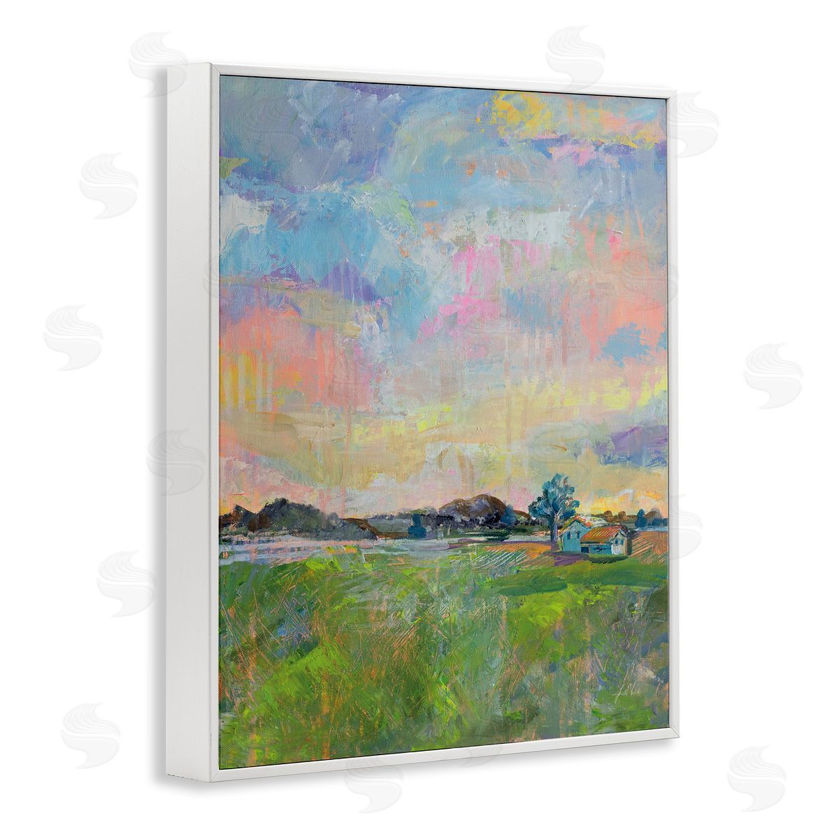 Meadow Sky with Field House White Frame Print Wall Art, Home Decor by Jeanette Vertentes