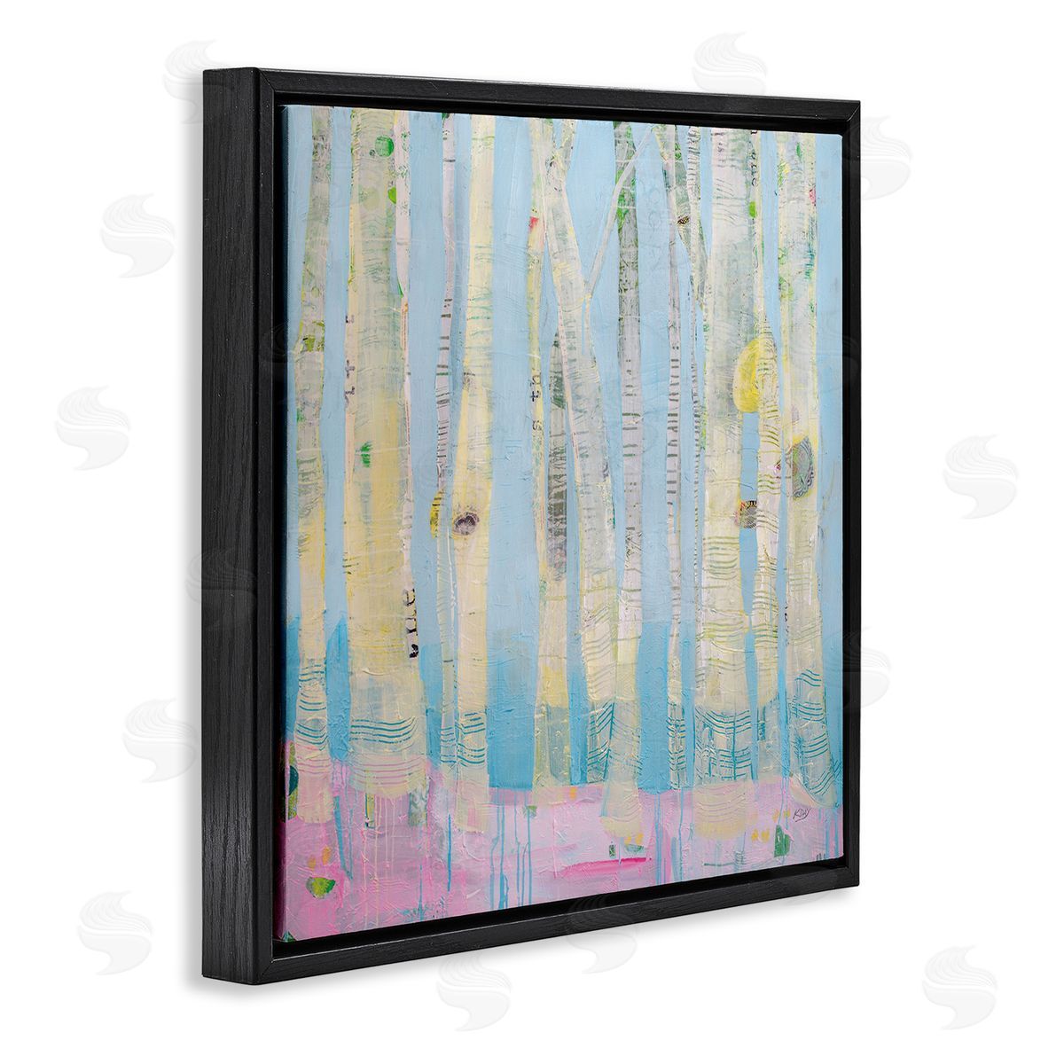 Abstract Soft Birch Tree Painting Black Floating Frame Canvas Wall Art, Home Decor by Kellie Day