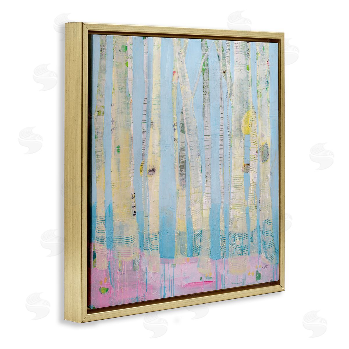 Abstract Soft Birch Tree Painting Gold Floating Frame Canvas Wall Art, Home Decor by Kellie Day