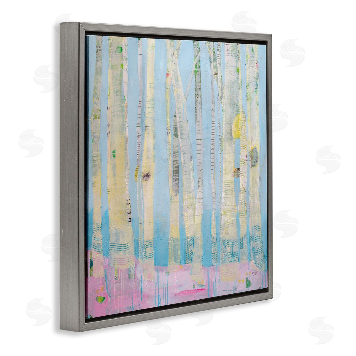 Abstract Soft Birch Tree Painting Grey Floating Frame Canvas Wall Art, Home Decor by Kellie Day