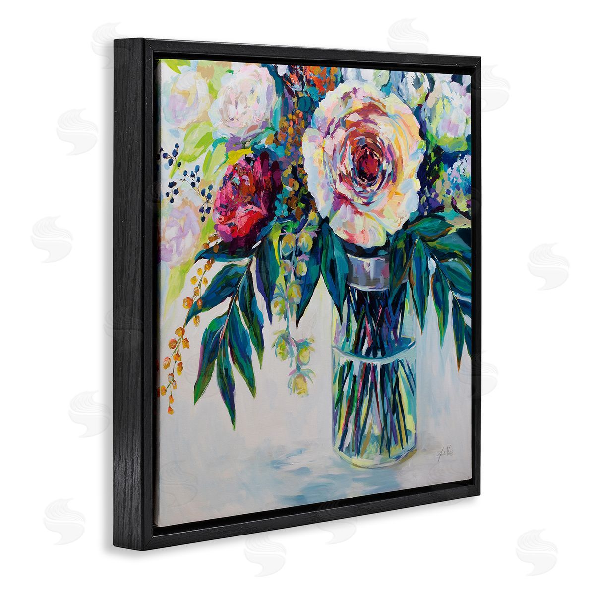 Vibrant Multi-Color Spring Bouquet Black Floating Frame Canvas Wall Art, Home Decor by Jeanette Vertentes