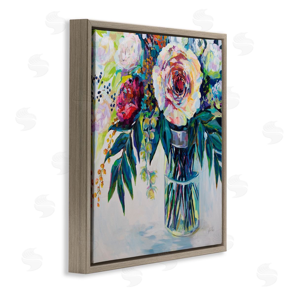 Vibrant Multi-Color Spring Bouquet Brown Floating Frame Canvas Wall Art, Home Decor by Jeanette Vertentes