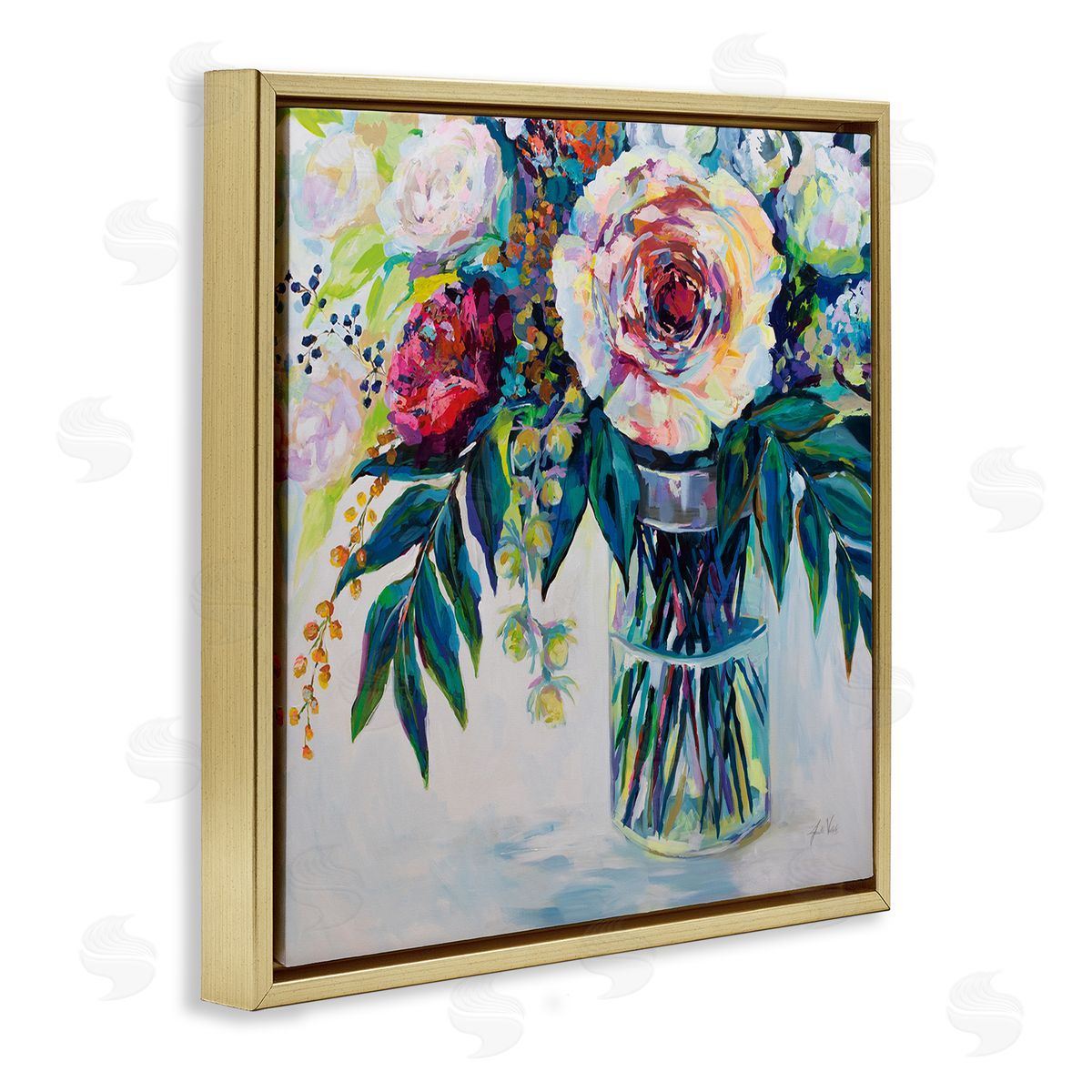 Vibrant Multi-Color Spring Bouquet Gold Floating Frame Canvas Wall Art, Home Decor by Jeanette Vertentes
