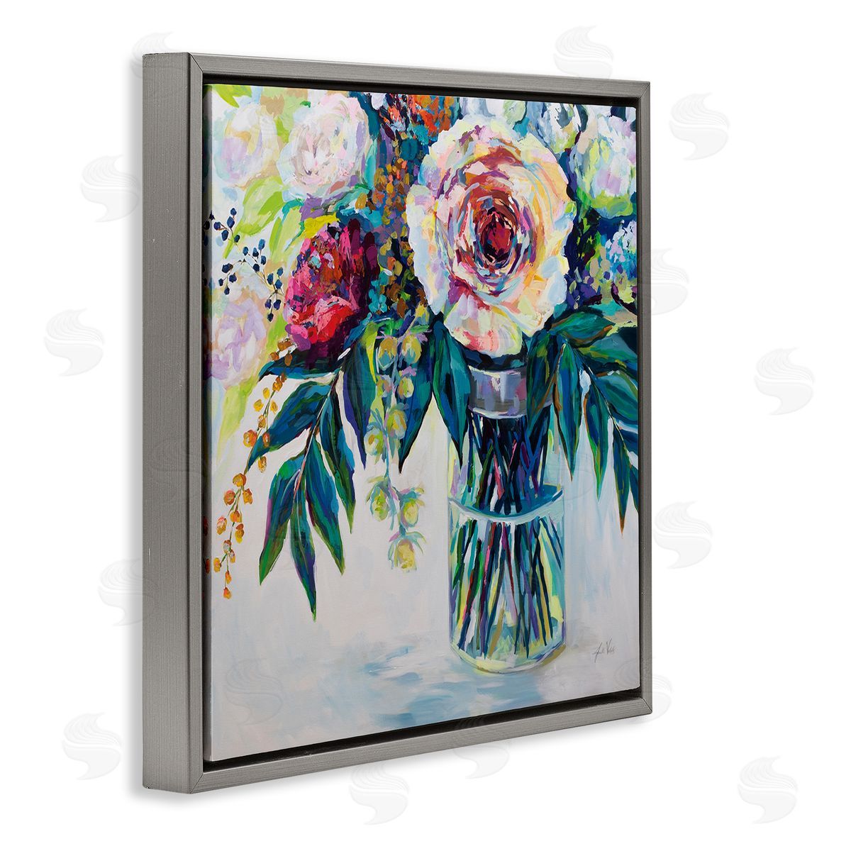 Vibrant Multi-Color Spring Bouquet Grey Floating Frame Canvas Wall Art, Home Decor by Jeanette Vertentes