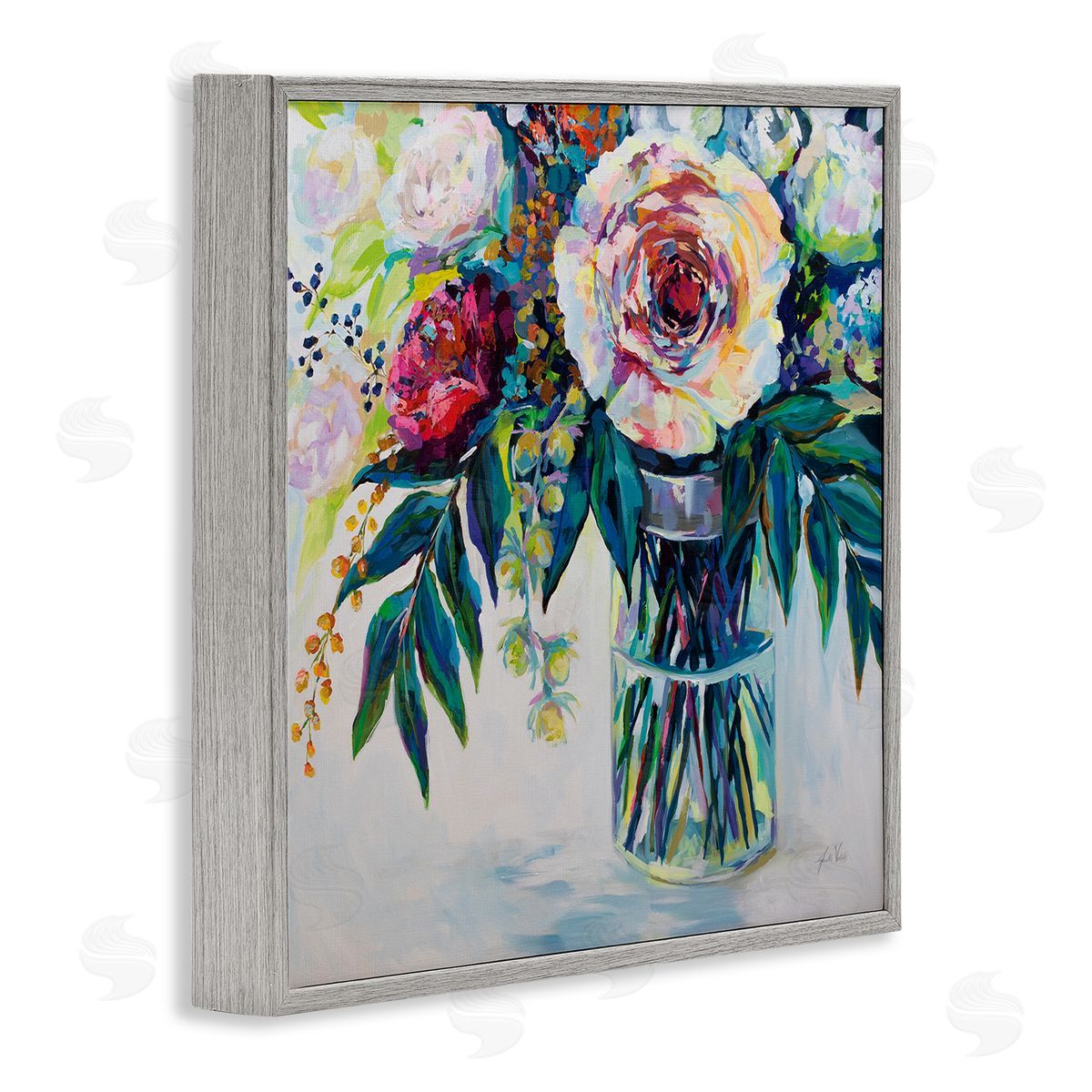 Vibrant Multi-Color Spring Bouquet Grey Frame Print Wall Art, Home Decor by Jeanette Vertentes