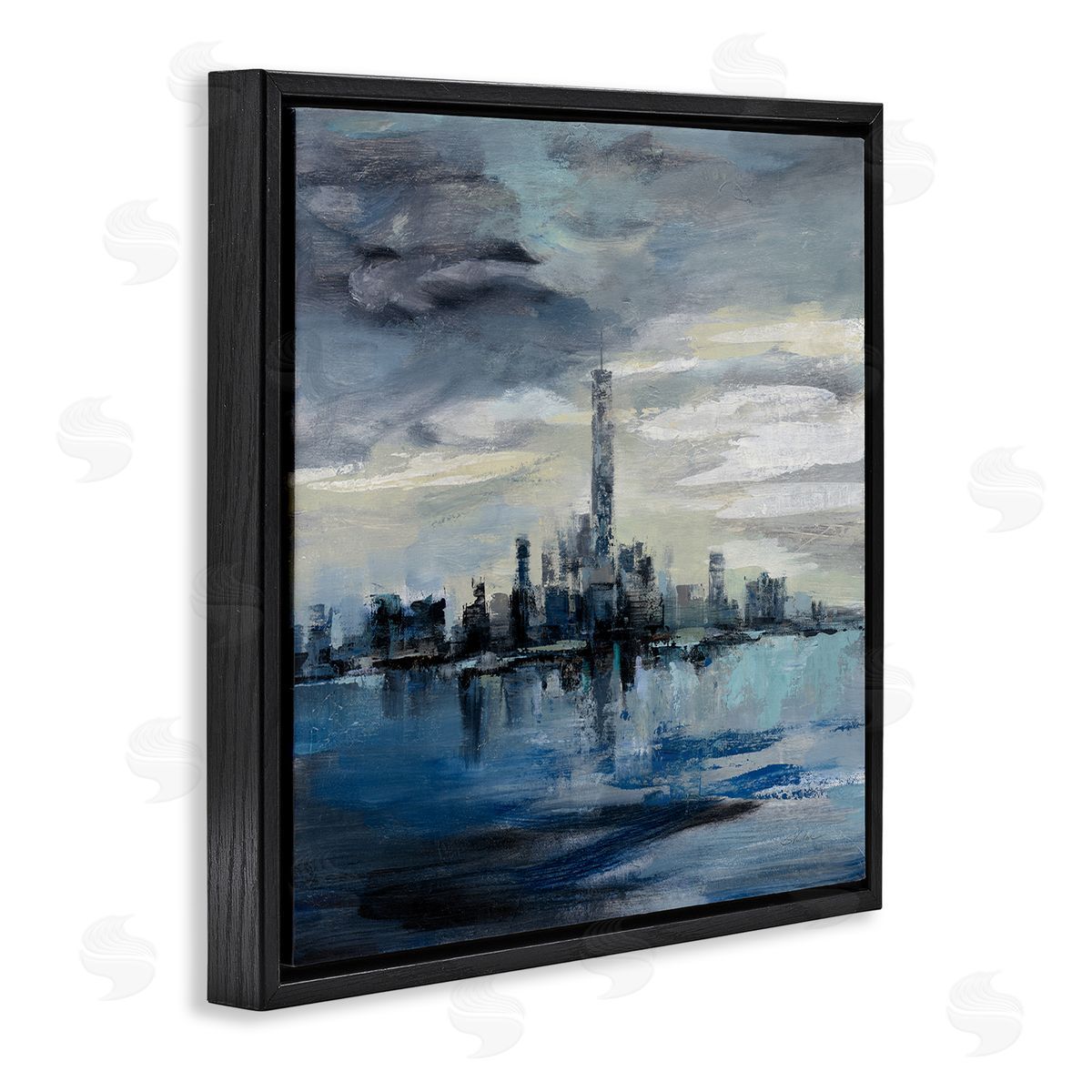 Storm Cloud City Building Skyline Black Floating Frame Canvas Wall Art, Home Decor by Silvia Vassileva
